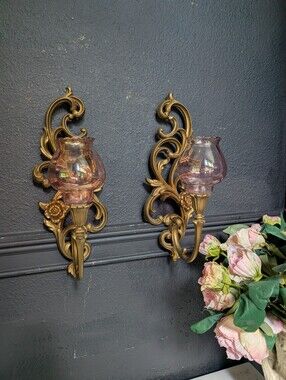 Vintage, set of 2, Syroco Style Wall Sconces, Hollywood Regency, Pink Glass